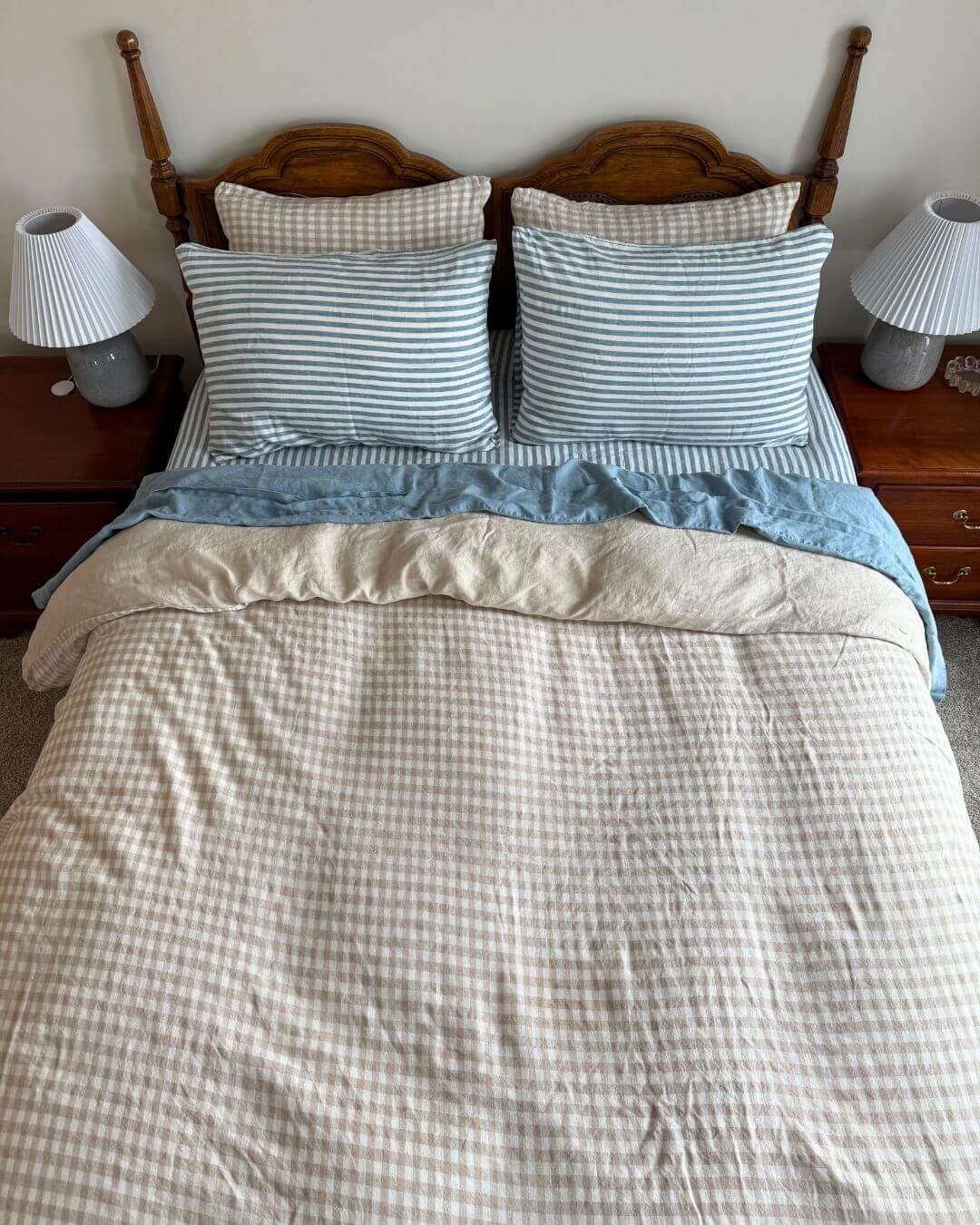 Double Sided Linen Duvet Cover in Beige / Oat Gingham
