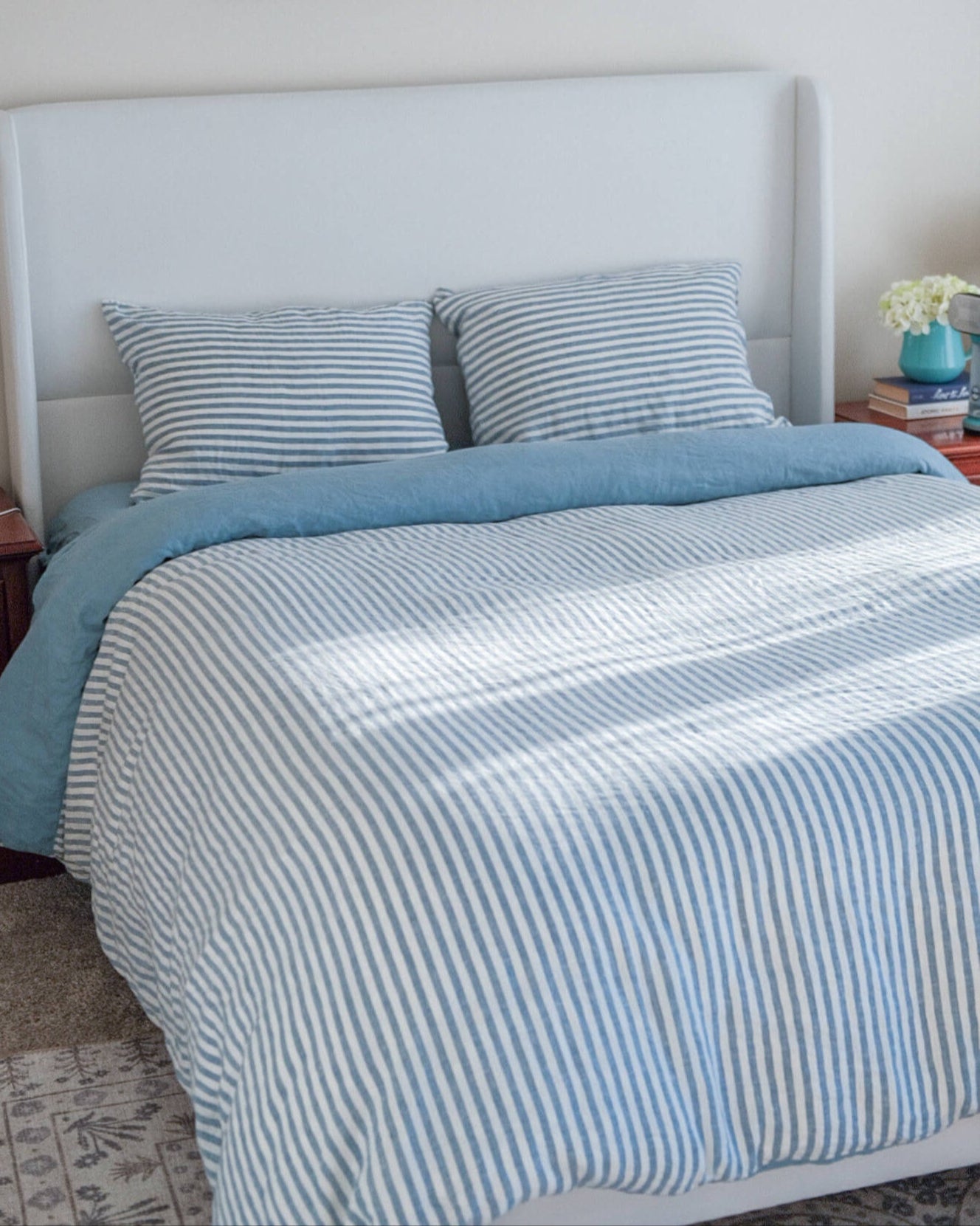 Double Sided Linen Duvet Cover in Mist / Mist Stripe