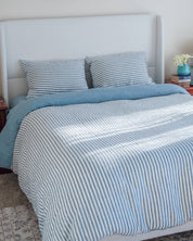 Double Sided Linen Duvet Cover in Mist / Mist Stripe