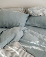 Double Sided Linen Duvet Cover in Mist / Mist Stripe