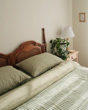 Double Sided Linen Duvet Cover Set in Sage / Forest Stripe