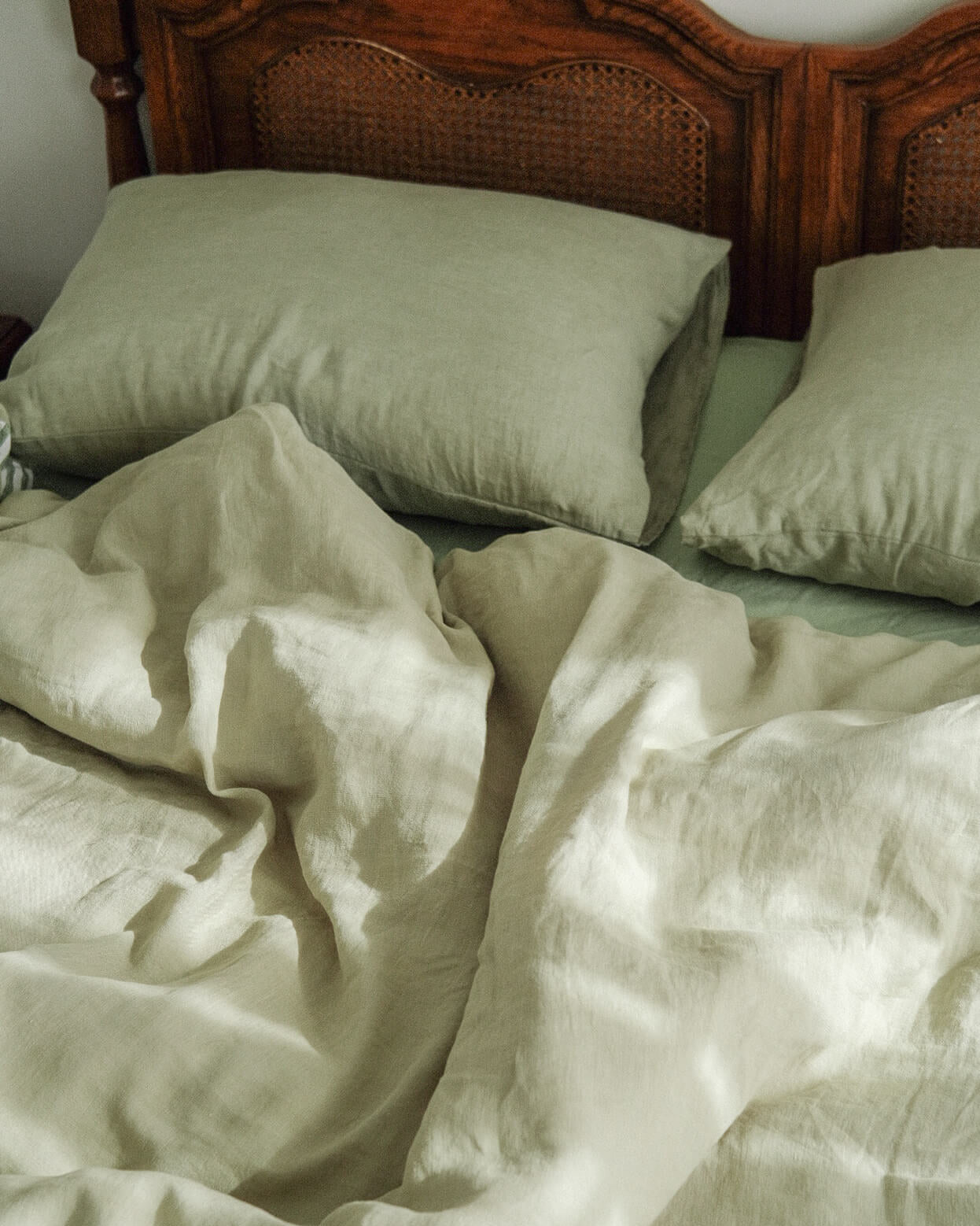 Double Sided Linen Duvet Cover Set in Sage / Forest Stripe