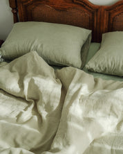 Double Sided Linen Duvet Cover Set in Sage / Forest Stripe