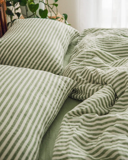 Linen Pillowcase Set in Green Stripe