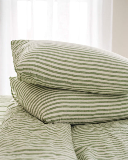 Linen Pillowcase Set in Green Stripe