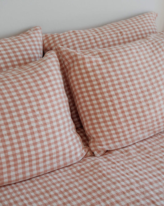 Linen Pillowcase Set in Pink Sand Gingham